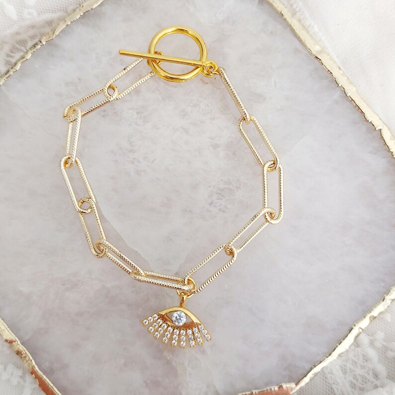 Thick Gold Chain Charm Bracelet, Evil Eye Charm Bracelet, Birthday Gift