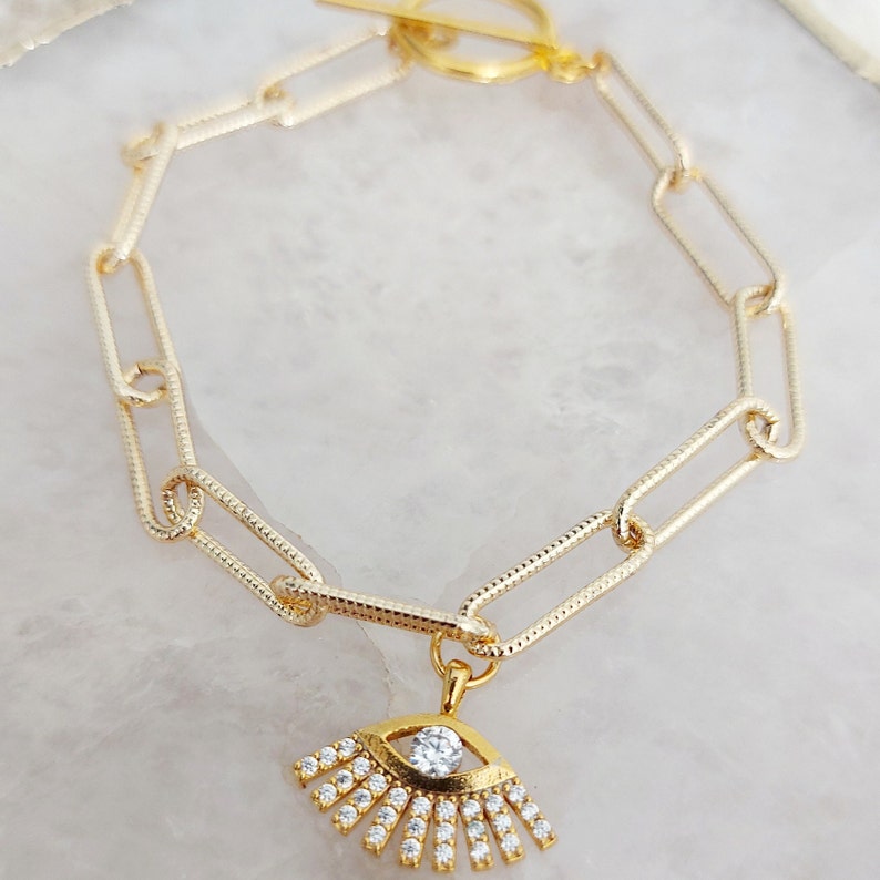 Thick Gold Chain Charm Bracelet, Evil Eye Charm Bracelet, Birthday Gift