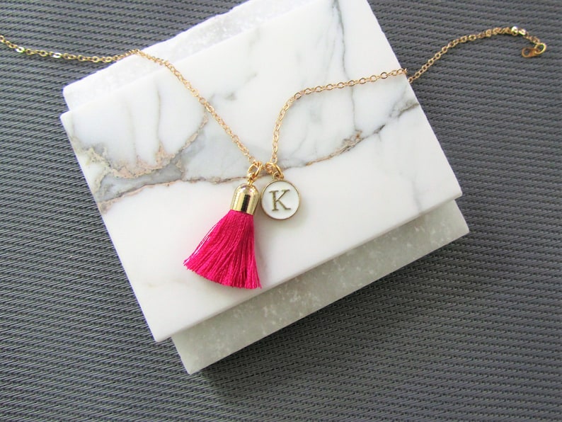 Tassel Necklace Personalized Necklace Pink Tassel Pendant and Initial Letter Charm Necklace