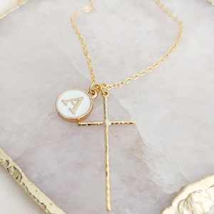 Large Gold Hammered Cross Pendant Necklace, Cross and Letter Necklace, Mothers Day Gift, Gold Cross Necklace, Mother's Day Gift image 2