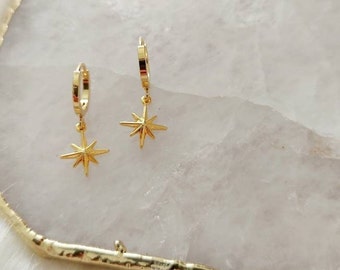 Gold Star Charm Earrings, Small Gold Hoops, Small Hoop Earrings, Celestial Jewellery, Star Earrings, Huggie Hoops, Mothers Day Gift