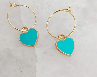 Turquoise Heart Charm Hoop Earrings: Gold Dangle Earrings
