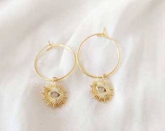 Gold Sun Evil Eye Hoop Earrings: Opal Stone Charm, Summer Jewelry