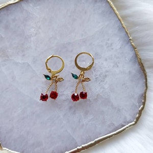 Cherry Earrings, Small Gold Hoop Earrings, Huggie Hoops, Fruit Jewellery, Fruit Earrings, Cherry Jewellery, Gift for Her, Quirky Earrings