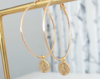 Large Hammered Gold Disc Earrings, Coin Hoop Earrings, Big Gold Hoops, Teen Birthday Gift, Tween Jewellery