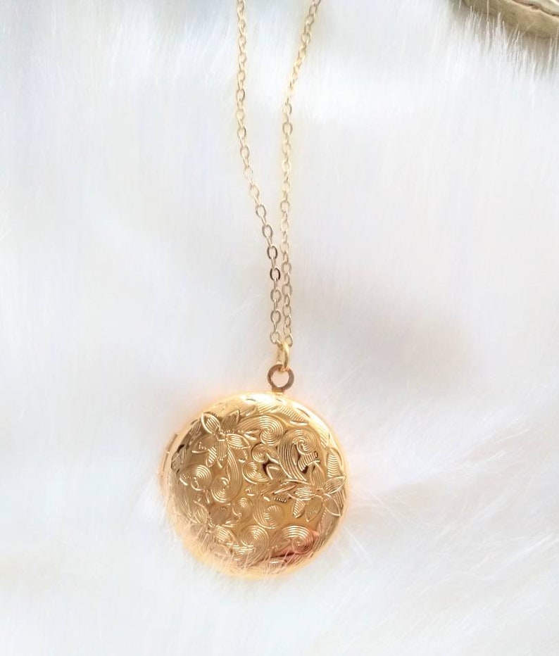 Gold Locket Necklace Circle Gold Locket Flower Etched Etsy