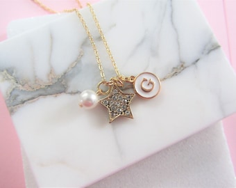 Personalized Gold Star Necklace, Gold Charm Necklace with Letter, Gift for Her