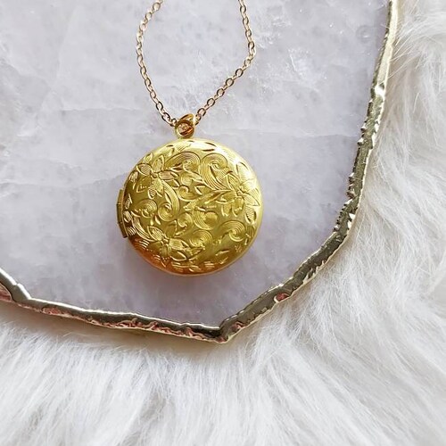 Gold Locket Necklace Circle Gold Locket Flower Etched Etsy UK