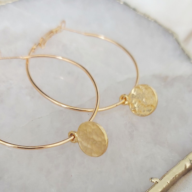 Large Hammered Gold Disc Earrings, Coin Hoop Earrings, Big Gold Hoops, Boho Earrings image 2