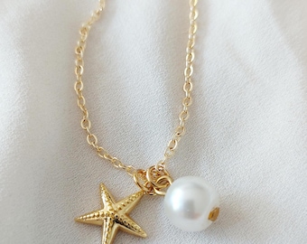 Collar de estrella de mar dorada con perla: Joyería costera playera