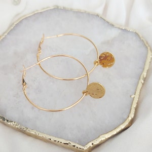 Large Hammered Gold Disc Earrings, Coin Hoop Earrings, Big Gold Hoops, Boho Earrings image 4