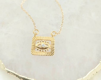 Gold Evil Eye Necklace, Good Luck Charm Necklace, Rectangle Charm Necklace, Bridesmaids Gifts, Boho Jewellery