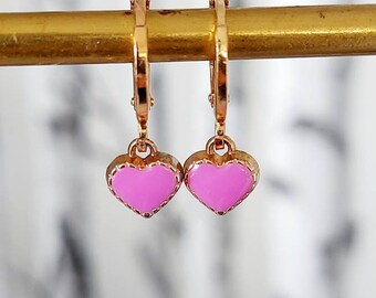 Heart Earrings, Gold Hoop Earrings, Lilac Enamel Heart Earring, Small Hoop Earrings, Mothers Day Gift