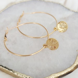 Large Hammered Gold Disc Earrings, Coin Hoop Earrings, Big Gold Hoops, Boho Earrings image 3