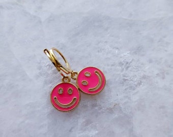 Pink Smiley Face Huggie Hoops, Teenage Birthday Gift, Y2K Jewellery, 90's Jewellery, Happy Face Hoops