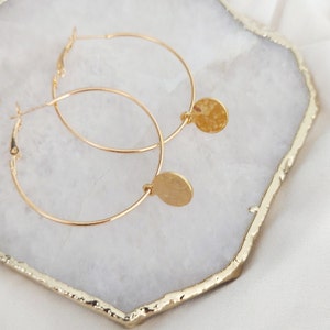 Large Hammered Gold Disc Earrings, Coin Hoop Earrings, Big Gold Hoops, Boho Earrings image 5