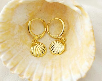 Gold Shell Huggie Hoop Earrings, Coastal Jewelry