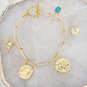 Thick Gold Chain Charm Bracelet, Gold Coin Chain Bracelet, Gold Bracelet, Paperclip Chain Charm Jewellery, Evil Eye Jewellery