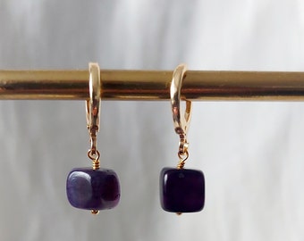 Tiny Charm Hoop Earrings, Classic Gold Hoops, Purple Charm Hoop Earrings, Gold Huggie Earrings, Small Hoop Earrings, Gift for Mothers Day