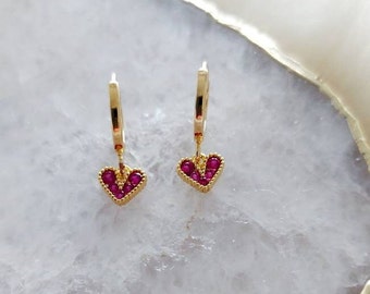 Ruby Red Heart Hoop Earrings: Gold Plated Huggies