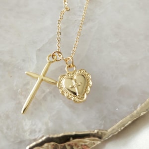 Gold Cross & Heart Necklace, Dainty Gold Cross Pendant with Heart Charm, Meaningful Gift Jewellery for Women, Gold Cross Necklace