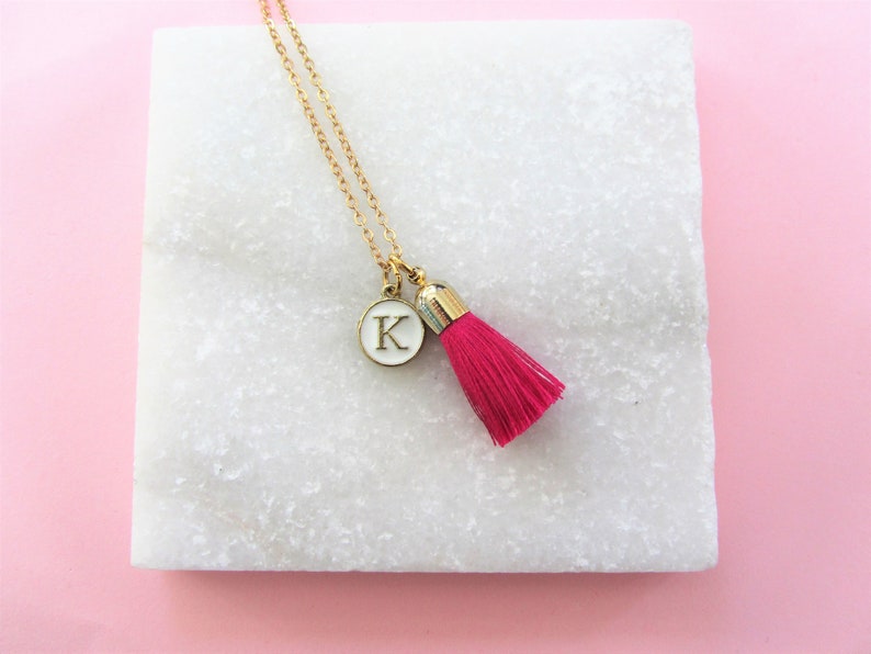 Tassel Necklace Personalized Necklace Pink Tassel Pendant and Initial Letter Charm Necklace