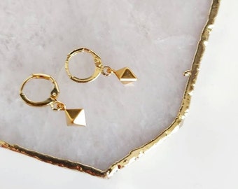 Gold Geometric Cone Triangle Charm Hoops, Gold Huggie Hoop Earrings, Teenage Birthday Gift, Gift for Little Sister, Teen Daughter Gift