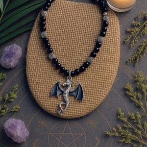 Mystic Dragon Necklace – Black Onyx & Spiral Beads | Fantasy Gothic Jewelry | Handmade Witchy Statement Piece