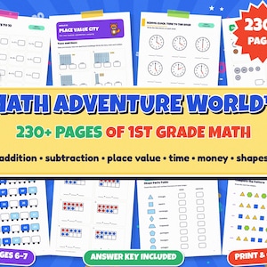 以下が含まれることがあります： Math Adventure Worldと題された230ページ以上の1年生向け算数ワークシート集。足し算、引き算、位取り、時間、お金、図形に関する練習問題が掲載されており、カラフルな漫画のキャラクターや解答キーが含まれています。