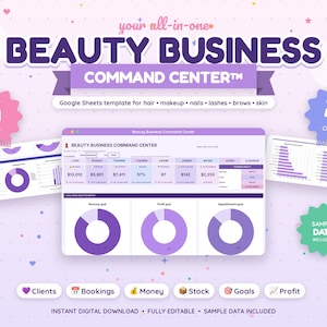 May include: A digital Beauty Business Command Center Google Sheets template featuring purple and white charts, graphs, and data tables for hair, makeup, nails, lashes, brows, and skin. Includes 31 tabs, over 40 charts, and sample data for business management.