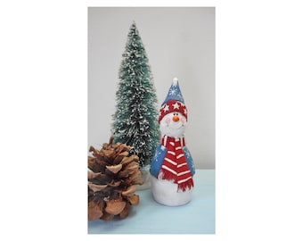 Wood Patriotic Folk Art Snowman Woodcarving and Decoration