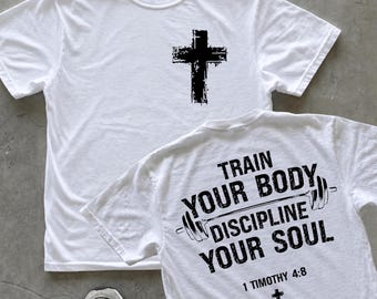 Train Your Body Discipline Your Soul 1 Timothy 4:8 PNG, Christian Faith Distressed Cross Barbell Digital Download