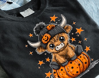 Highland Cow Halloween PNG, Cute Pumpkin Sublimation Design, Spooky Season Digital Download