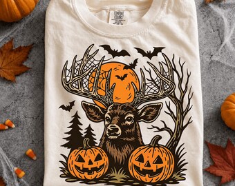 Gothic Deer Moon Halloween PNG, Spooky Bats Jack-o-lantern Digital Download