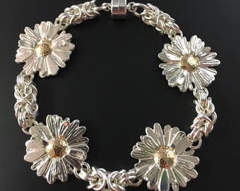 P.E.O. Marguerite Daisy Byzantine Link Bracelet in Sterling and 10k Gold