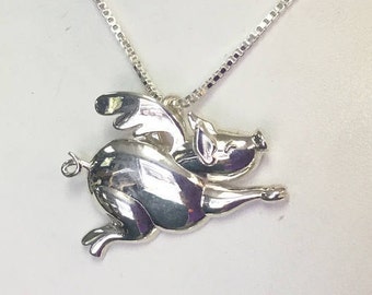 Flying Pig Pendant Necklace Sterling Silver Repousse Handforged