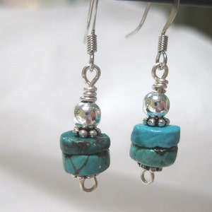 Turquoise Heishi Bead and Sterling Silver Dangle Earrings