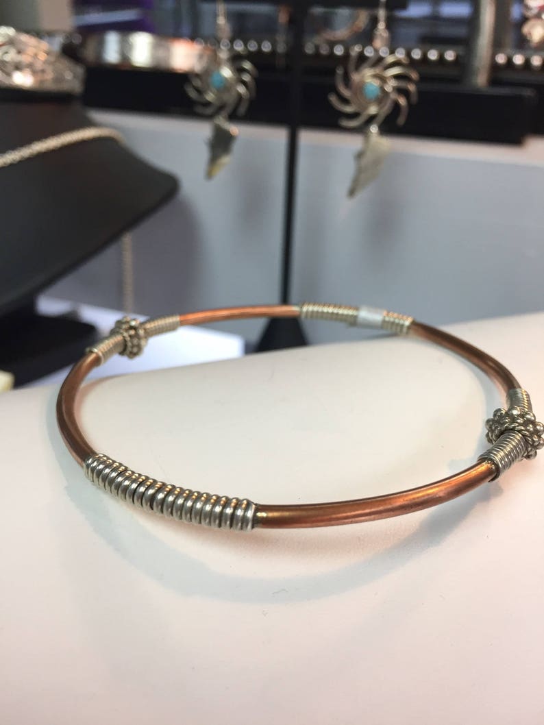 Copper and Sterling Silver Hand Wrought Hammered Bangle