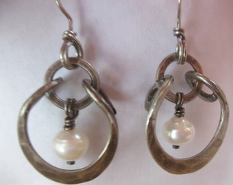 Horseshoe Earrings Freshwater Pearl with Oxidized Sterling Silver