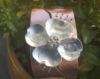 Sterling Silver and Copper Hammered Cuff Bracelet w/ Dogwood Flower