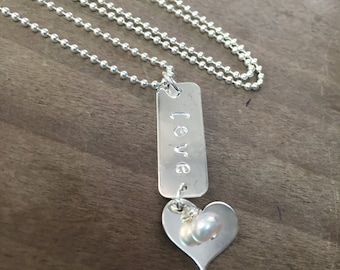 Love Sterling Tag Style Necklace with Freshwater Pearl