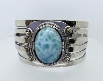 Larimar Sterling Silver and 14k Gold Hand Wrought Cuff