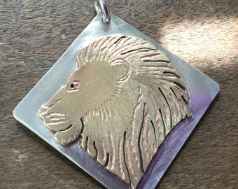 Lions Head in Brass and Sterling Silver Pendant