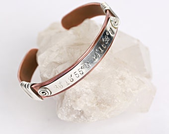 Coordinates Bracelet Copper and Sterling Silver Hammered Cuff - Custom Order