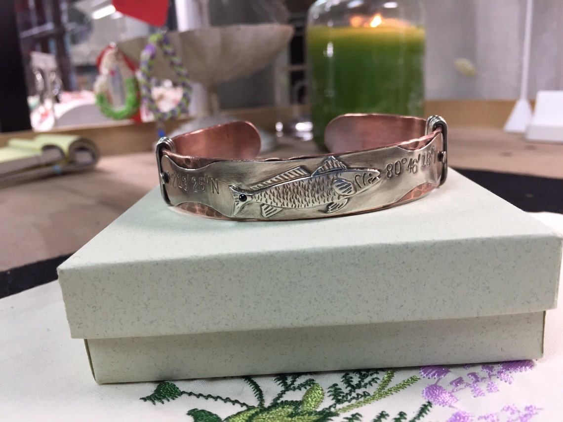 Redfish Sterling Silver and Copper Custom Coordinates Cuff | Etsy