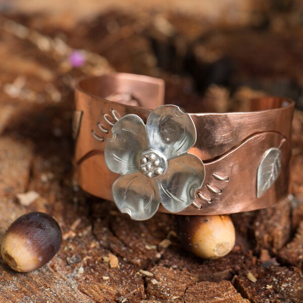 Sterling Silver and Copper Hammered Cuff Bracelet w/ Dogwood Flower