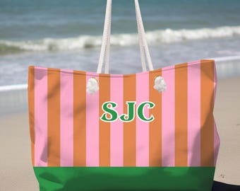 Custom Monogram Tote for Women Personalized Travel Bag Bridesmaid Gift Weekend Tote With Initials Custom Bachelorette Bag Striped Weekender