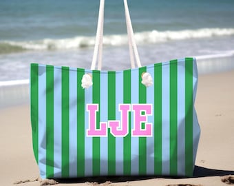 Custom Monogram Tote Personalized Travel Bag Bridesmaid Gift Weekend Tote With Initials Preppy Striped Weekender Custom Gift Idea Tote Bag
