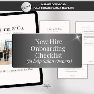 May include: A digital template for a salon, featuring the text "New Hire Onboarding Checklist" and "Luna & Co. Salon." The image includes a tablet, checklist pages, and the Canva logo, designed to assist salon owners.