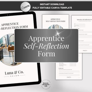 Puede incluir: Una tableta digital muestra un "Formulario de autorreflexión de aprendiz" con el logotipo de Luna & Co. Salon. La imagen incluye formularios impresos y el texto "Descarga instantánea Plantilla Canva totalmente editable."